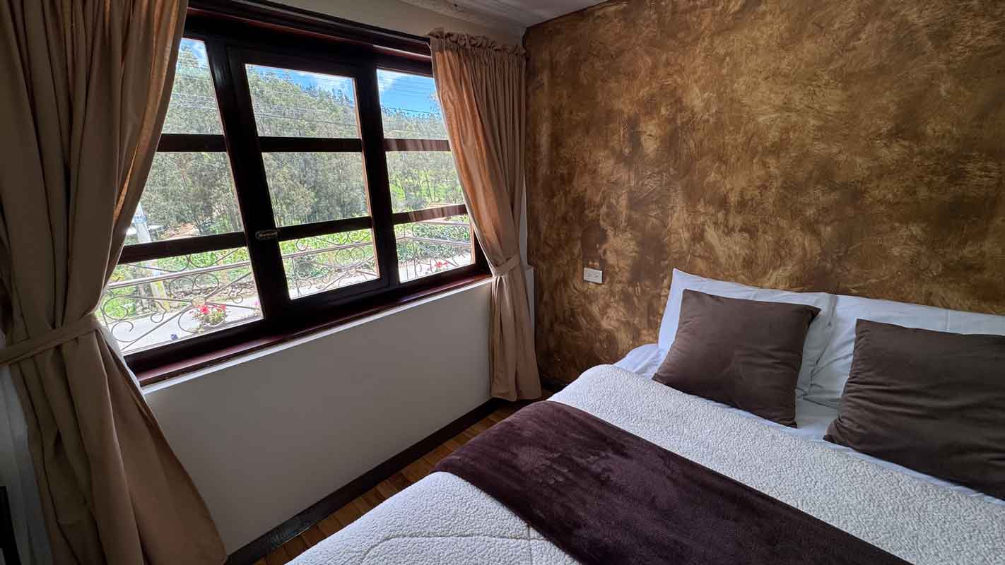 Large windows with mountain views