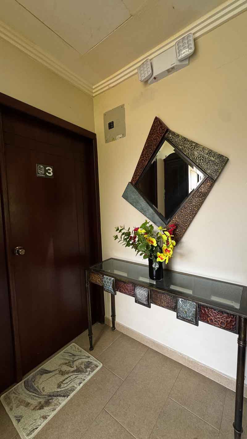 Entryway with mirror and flowers