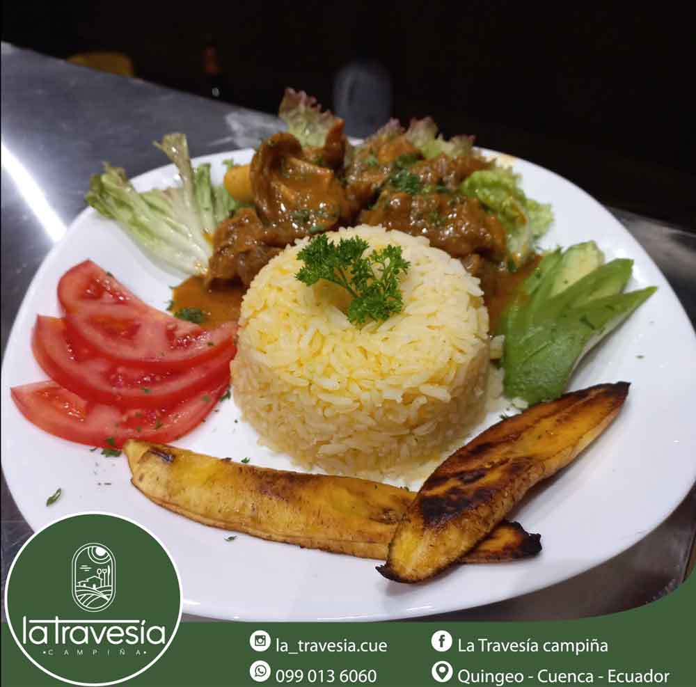 Goat stew with yellow rice and sweet plantain